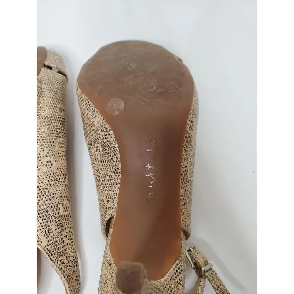 Nurture Leather Peep Toe Neutral Sparkle Snakeprint Slingback Heels
